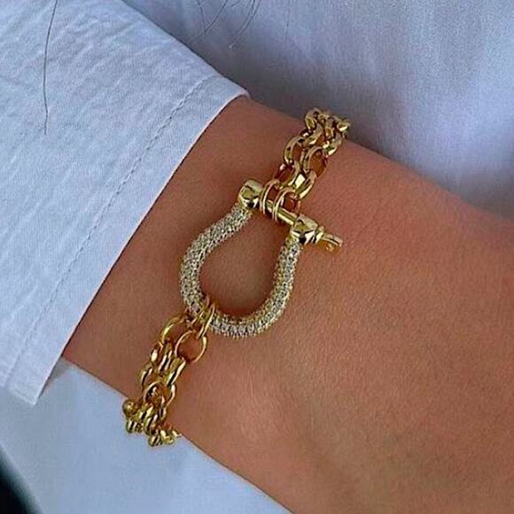 Gold Zircon Horseshoe Chain Link Bracelet Horse Lovers Gift - Picture 2 of 8